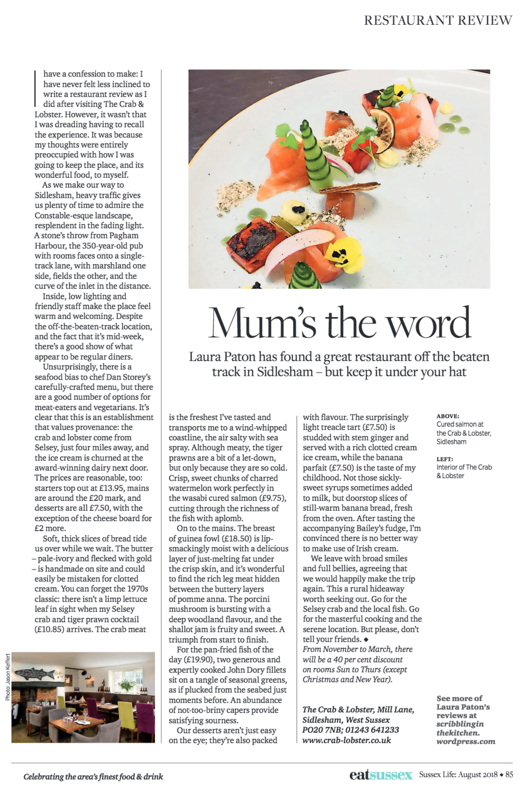 Crab & Lobster food review in sussex life magazine